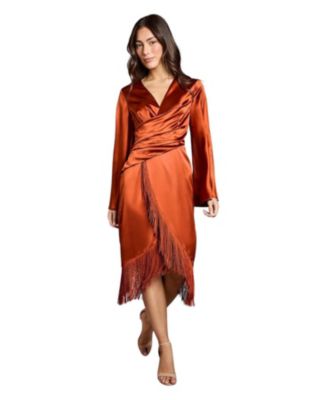 Coast Women's Satin Fringe Hem Wrap Midi Dress