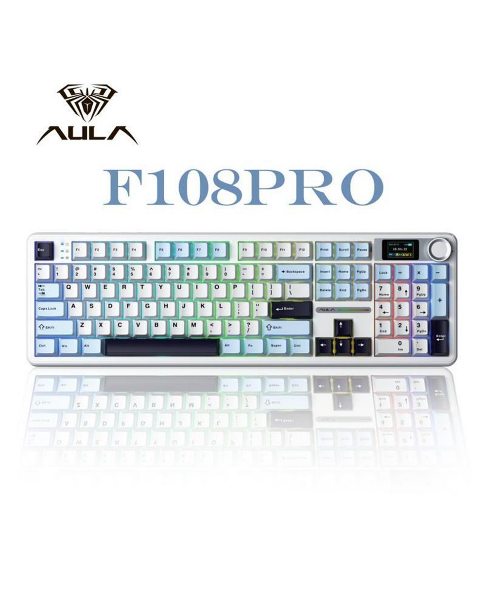 AULA F108 Pro Wireless Hot Swappable Mechanical Gaming Keyboard, RGB, Knob, 8000 mAH Battery, Digital Screen