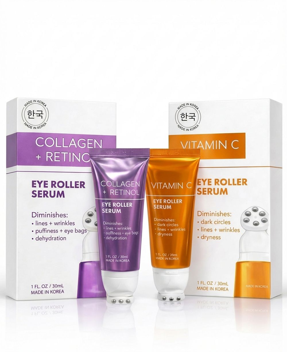 Lovery Korean Skincare Eye Roller Serum Duo - Collagen + Retinol and Vitamin C Brightening Under Eye Treatment Set