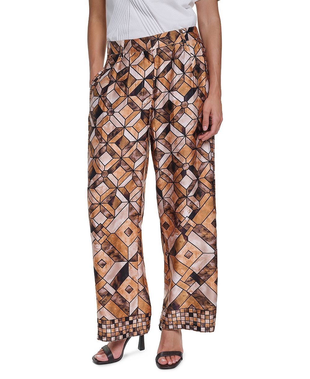 KARL LAGERFELD PARIS Women's Geometric-Print Pleated Wide-Leg Pants