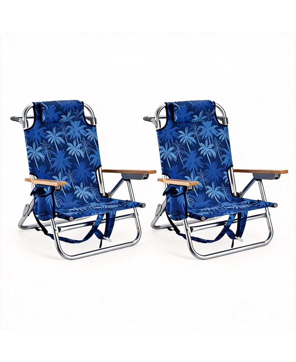 AOFAR 2 Pack 10in Packpack Beach Chairs Wood Blue Leaves Camping outdoor