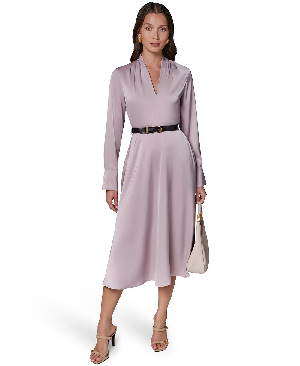 donna karan new york женское миди-платье из сатина с длинным рукавом и ремнем