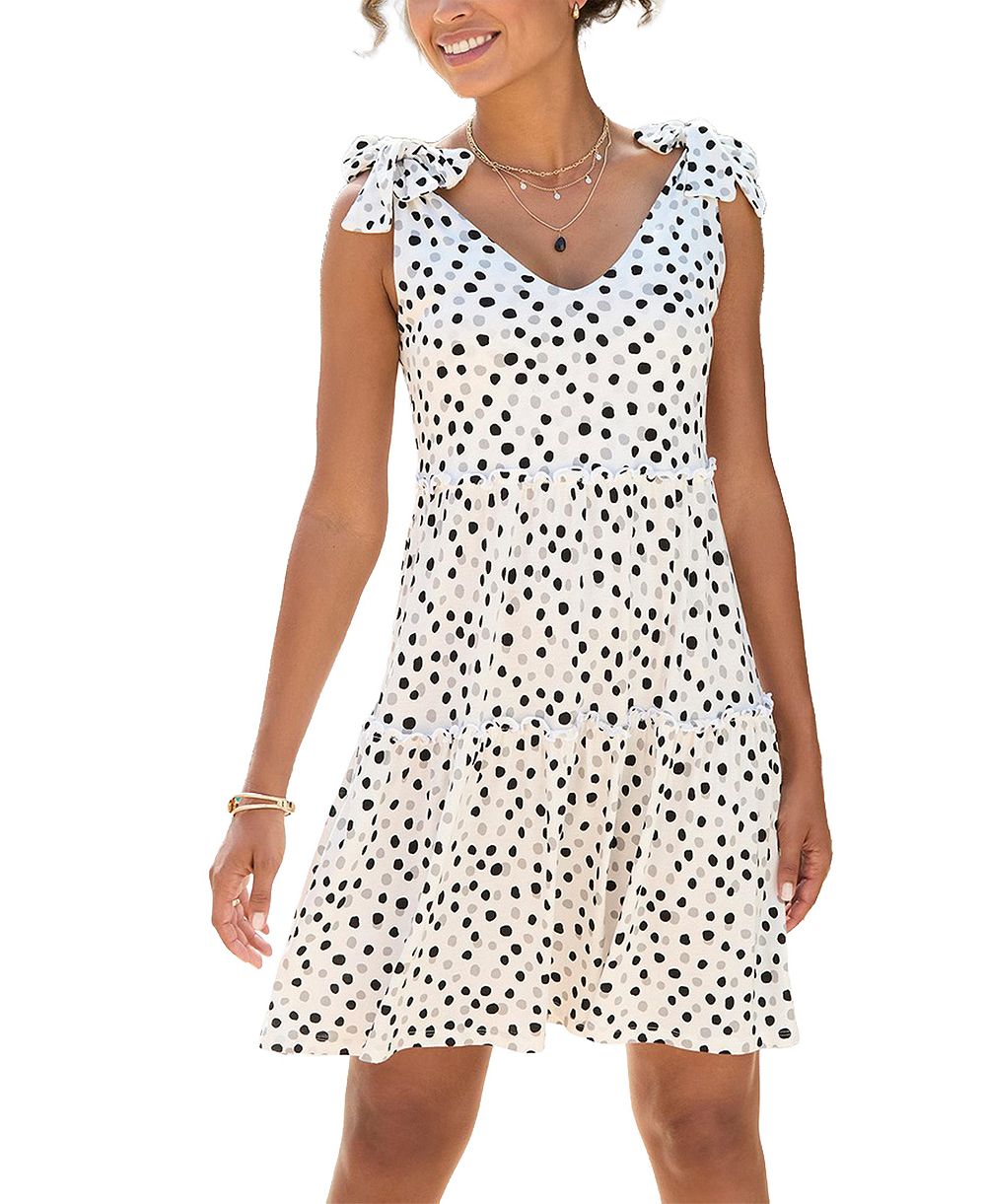 LASCANA Women's Viscose Printed Tie Strap Fit-and-Flare V-Neck Short Dress