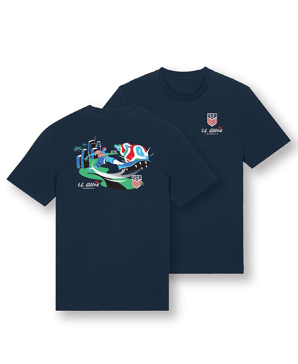 Uscape Apparel Men's and Women's Navy USMNT 2026 Host City U.S. Soccer x Los Angeles Script T-Shirt