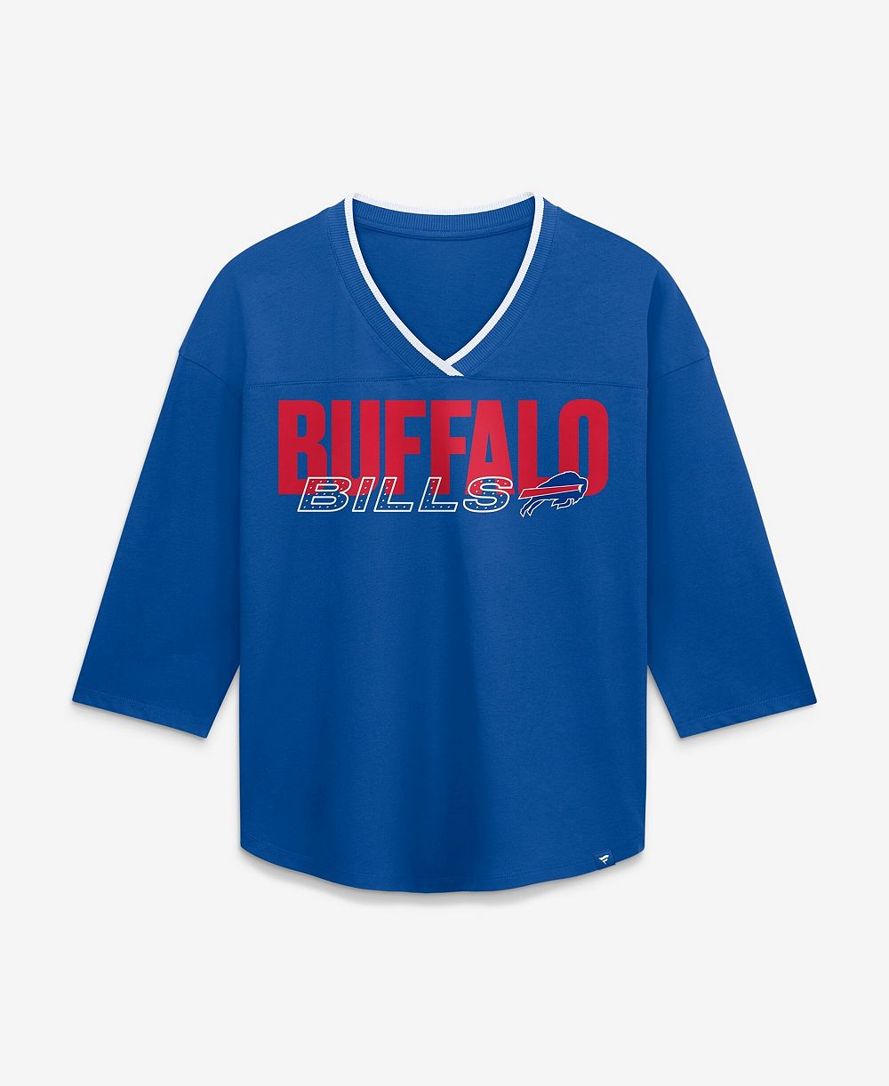 Fanatics Women's Buffalo Bills Deceptive Juke 3/4-Sleeve V-Neck Rhinestone Graphic T-Shirt
