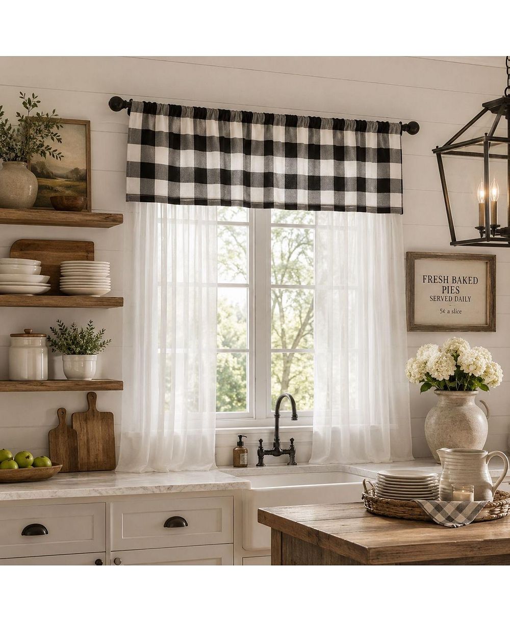 Kate Aurora комплект прозрачных штор и валанса, клетка Buffalo Plaid, 3 части