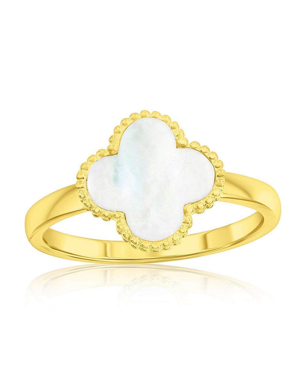 Simona Sterling Silver, MOP Clover, Beaded Outline Ring