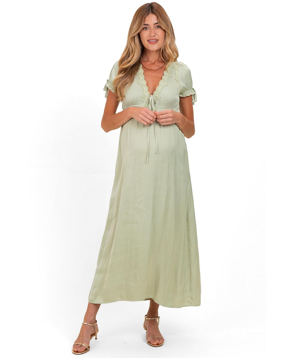 Pinkblush Maternity Satin Lace Detail V-Neck Short-Sleeve Maxi Dress