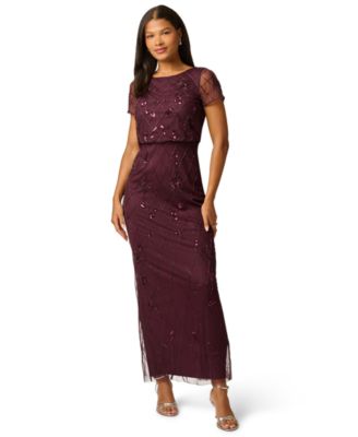 Adrianna Papell Women's Bead Blouson Boat Neck Short-Sleeve Long Dress