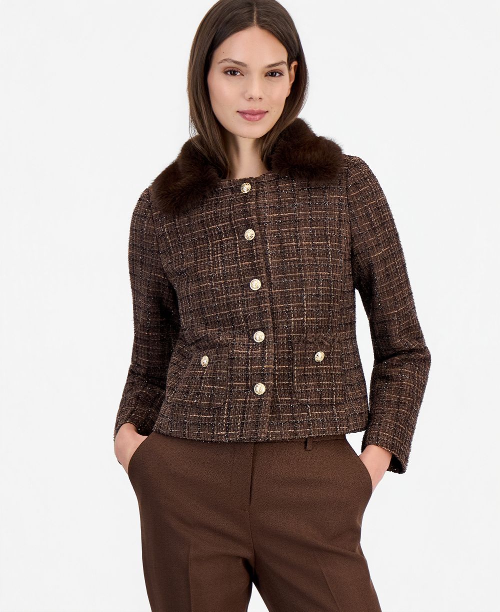 Tahari ASL Women's Cropped Bouclé Plaid Jacket