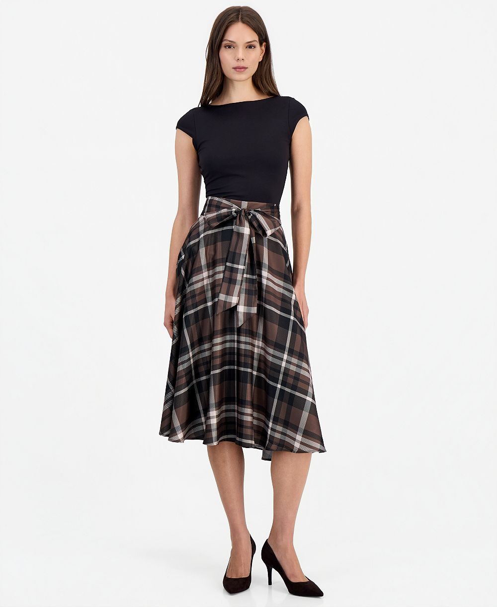 Tahari ASL Women's Plaid High-Waisted Midi Skirt