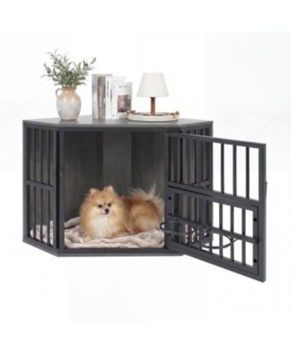 RUIE 35.5 Inch Wooden Dog Kennel End Table with 3 Position Bowl Rack