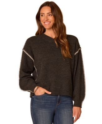 Democracy Women's Long-Sleeve Blanket Stitch Embroidery V-Neck Sweater