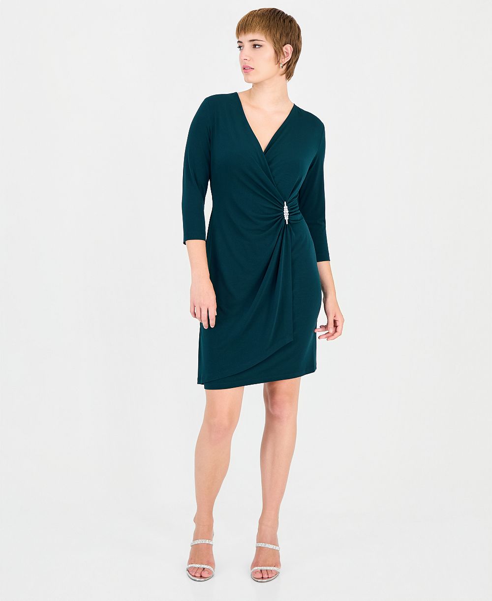 Connected Women's Solid Jersey Mock Wrap V-Neck 3/4 Sleeve Dress
