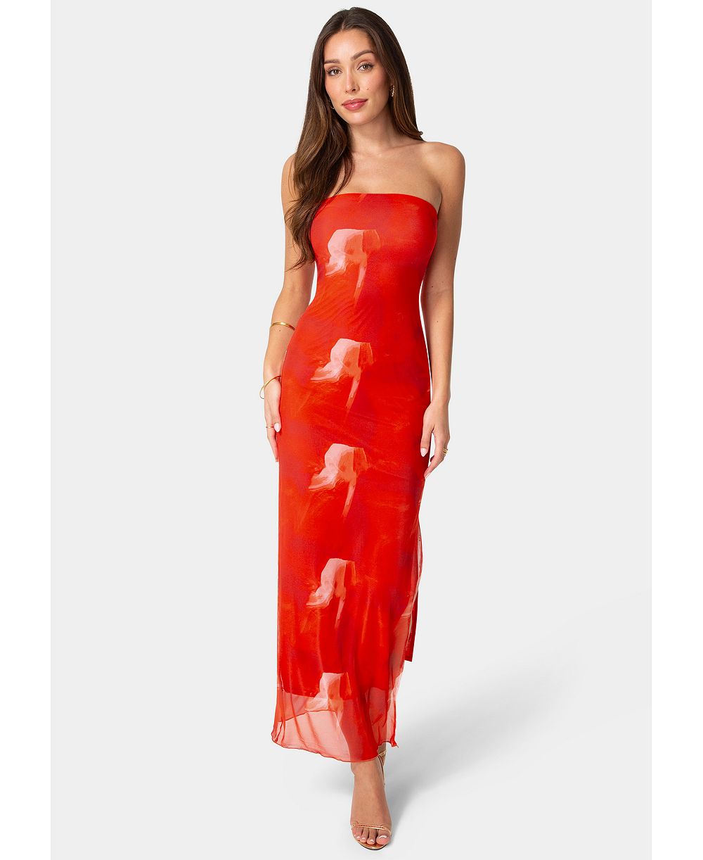 Женское платье Bebe Printed Mesh Strapless Maxi