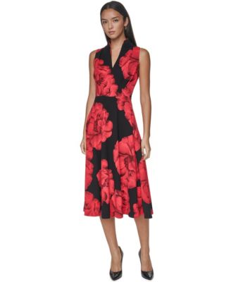 Calvin Klein Petite Floral-Print A-Line Split-Neck Midi Dress