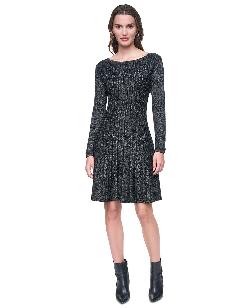 DKNY женское платье Fit & Flare с длинным рукавом, вырезом лодочкой и рифленой текстурой, размер Petite