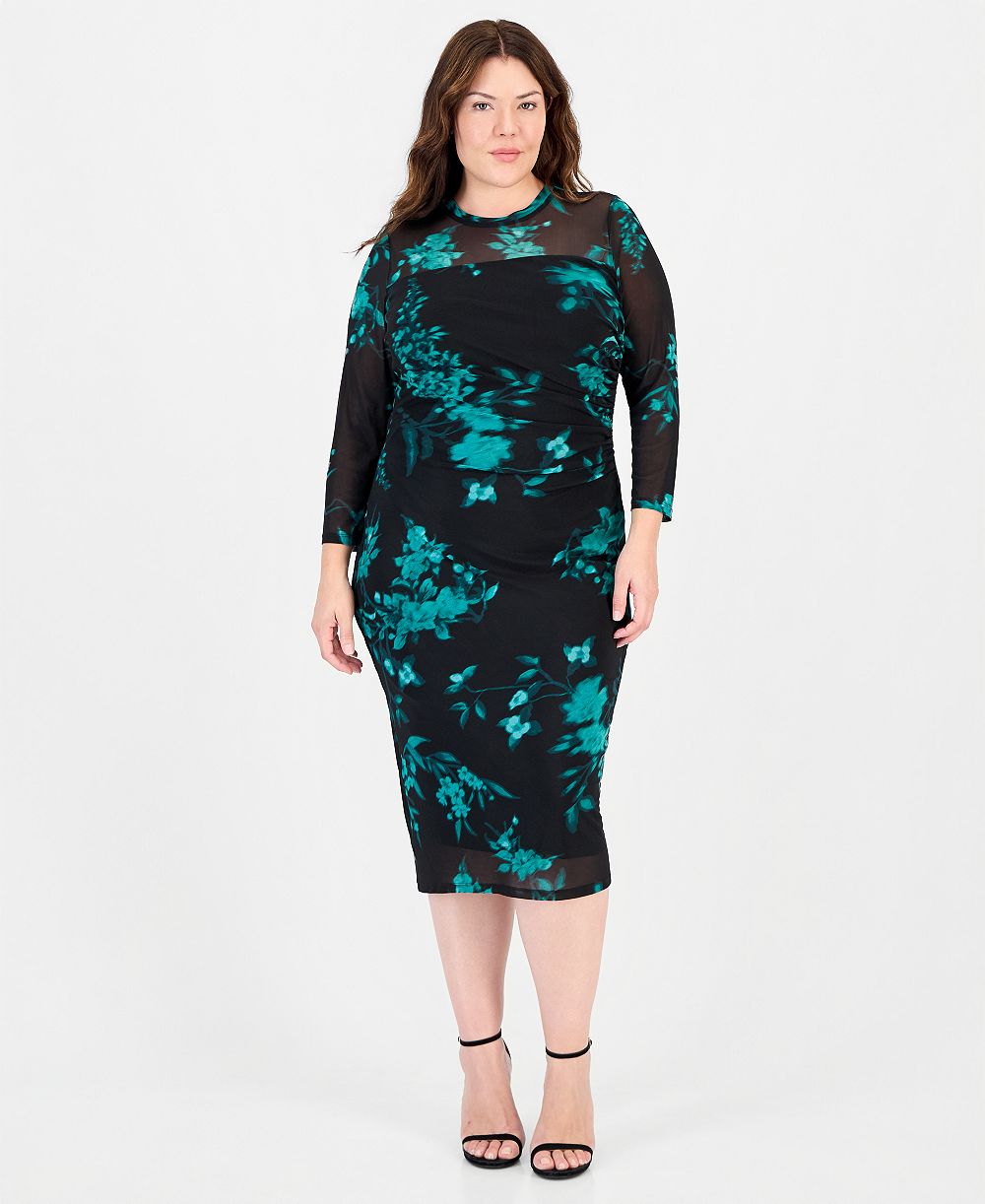 Anne Klein Plus Floral Long-Sleeve Mesh Midi Dress