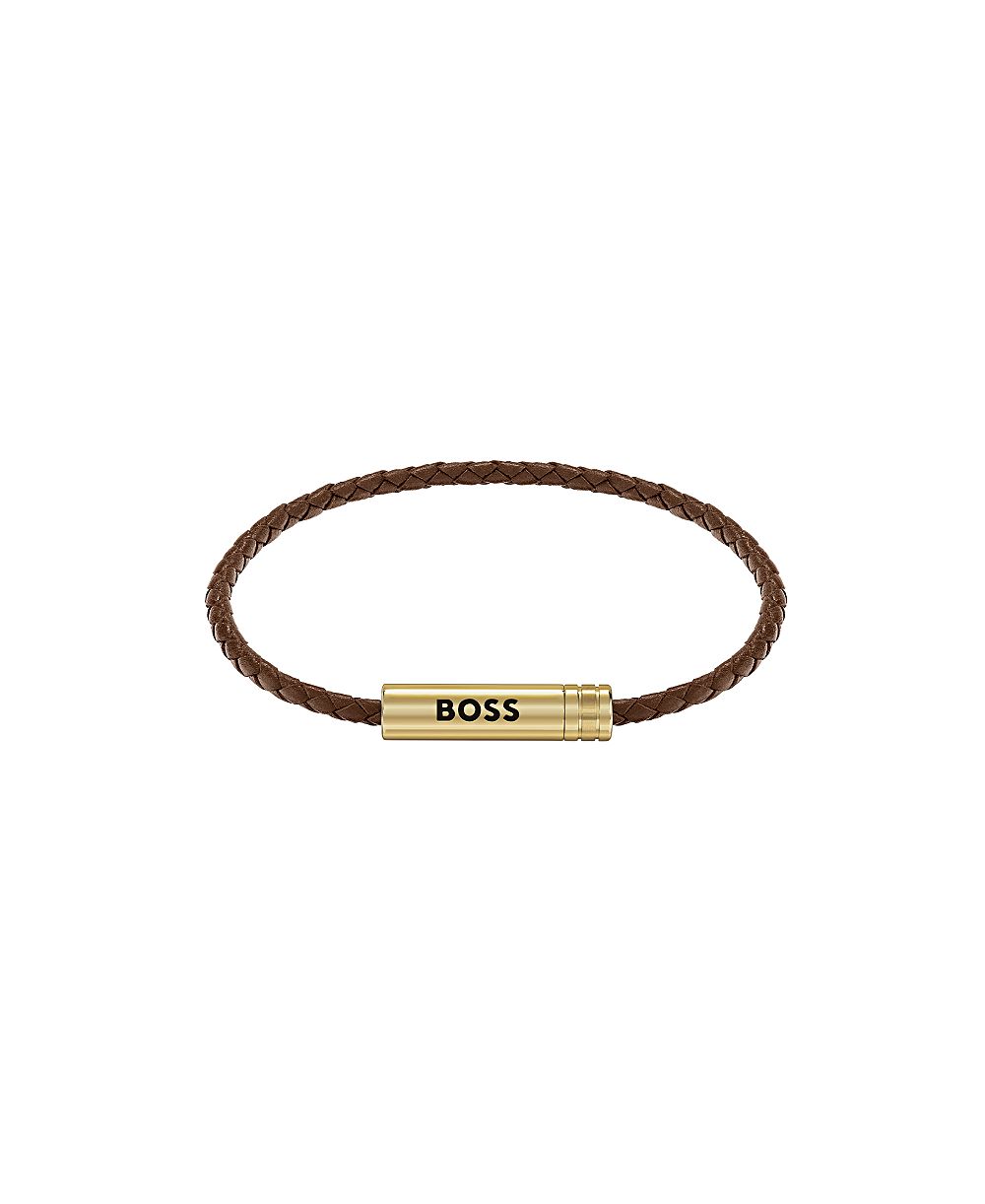 Мужской тонкий браслет Hugo Boss Ares Air Ionic из золота и стали с коричневым кожаным ремешком