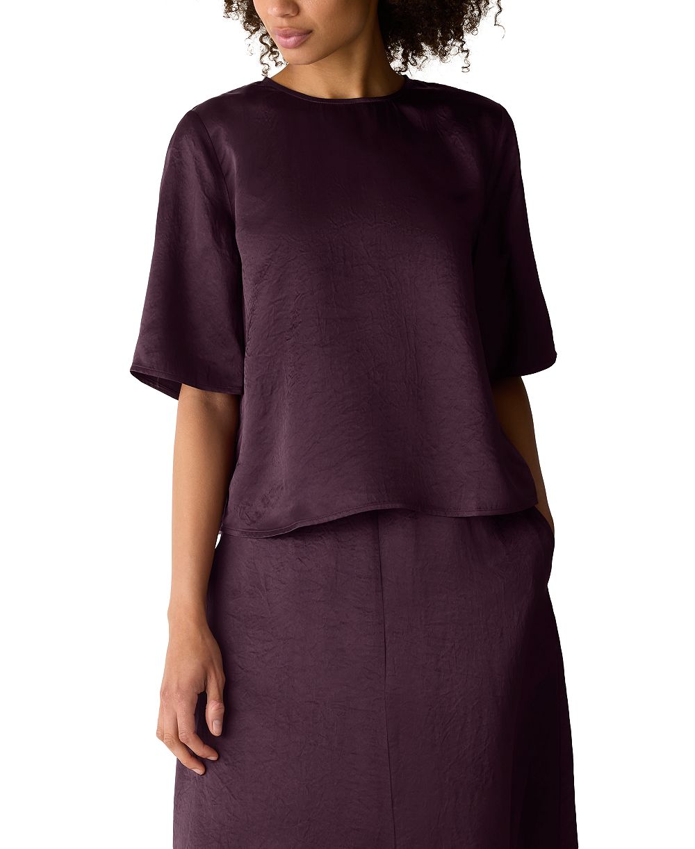 Eileen Fisher Women's Crewneck Elbow-Sleeve Crinkled-Satin Blouse