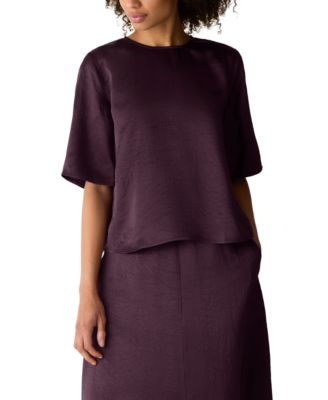 Женская блузка Eileen Fisher с круглым вырезом и рукавами до локтя из жатого сатина
