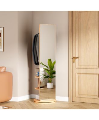 BUSDAYS 69 x 20 Inch Natural Wood 360 Rotating Full-Length Mirror with Hook Storage Rack Coat Rack Solid Wood Floor Mirror for Bedroom Living Room