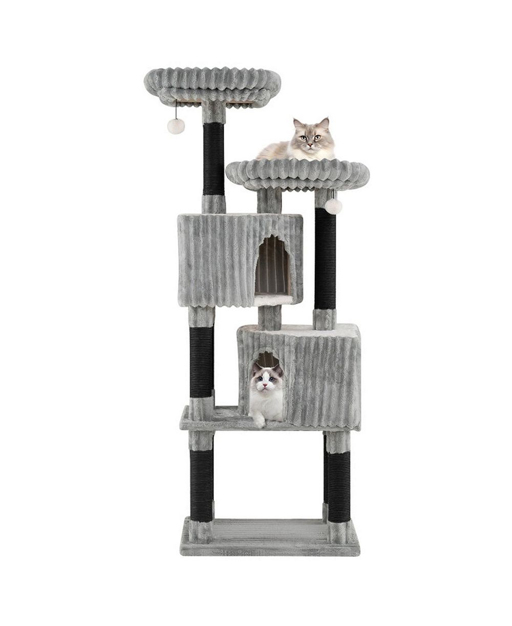 HONGGE 62 Inch Cat Tower with Dual Condos Washable Perch Beds and Soft Flannel Covering