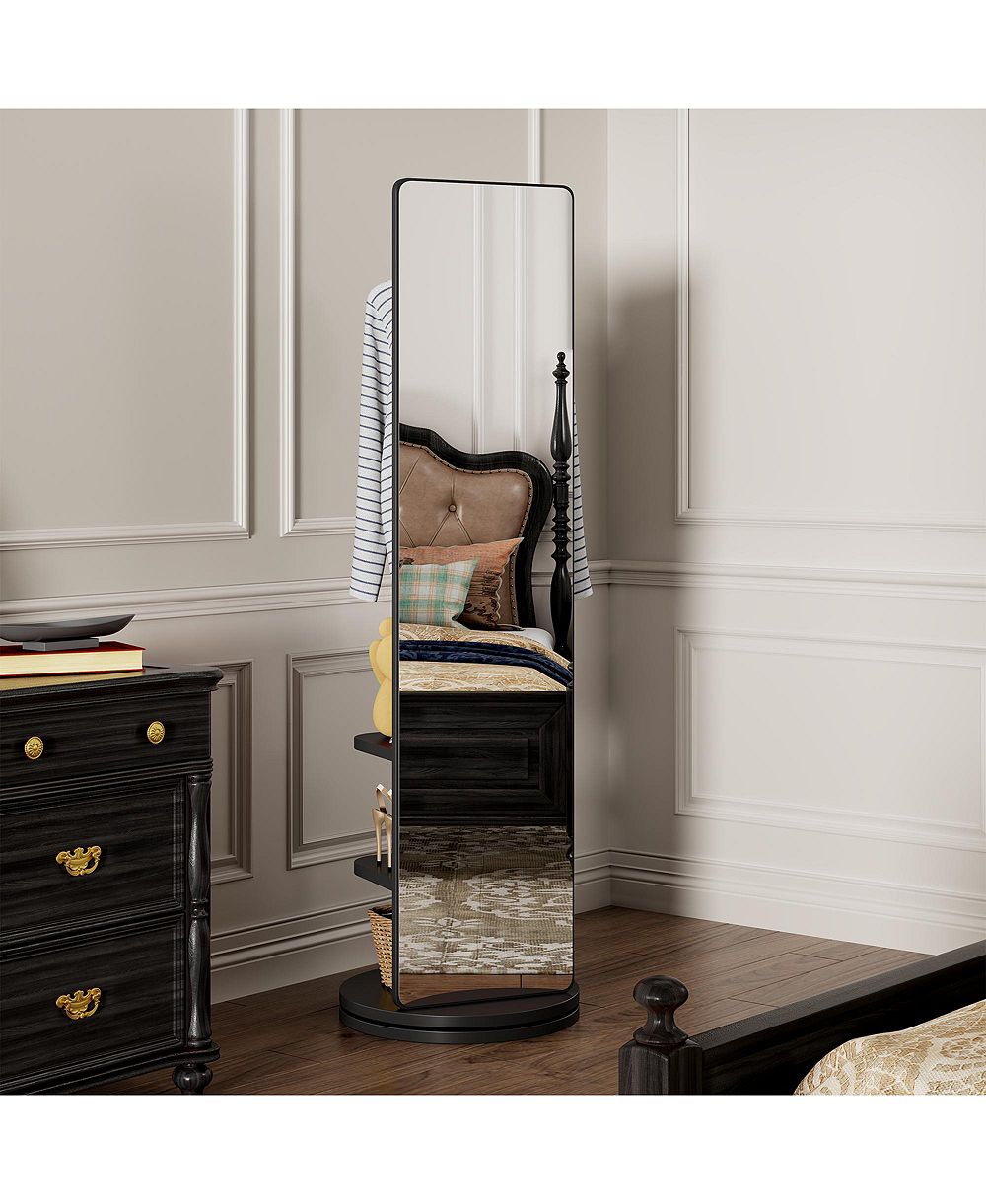 BUSDAYS 69 x 20 Inch 360 Rotating Full-Length Mirror with Hook Storage Rack Coat Rack Solid Wood Floor Mirror for Bedroom Living Room