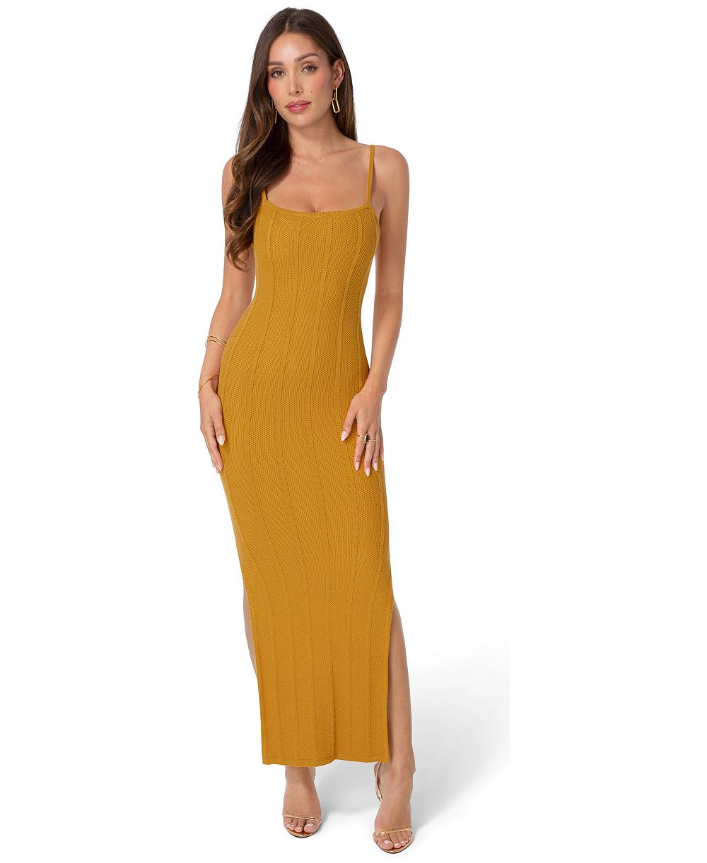 Женское платье Bebe Ribbed Knit Square Neck Bodycon Side-Slit Maxi