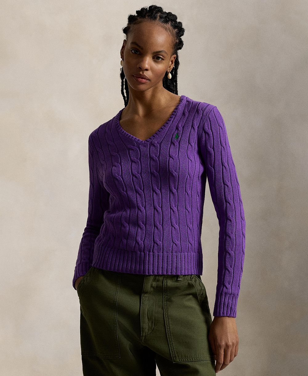 Polo Ralph Lauren Женский хлопковый свитер с V-образным вырезом Cable-Knit