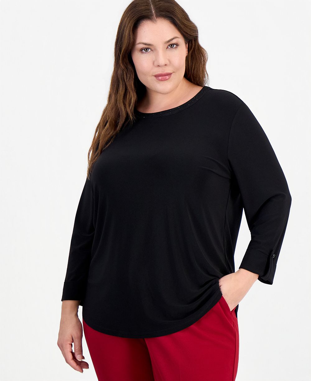 Anne Klein Essentials Plus Size 3/4-Sleeve Scoop Neck Roll-Cuff Top