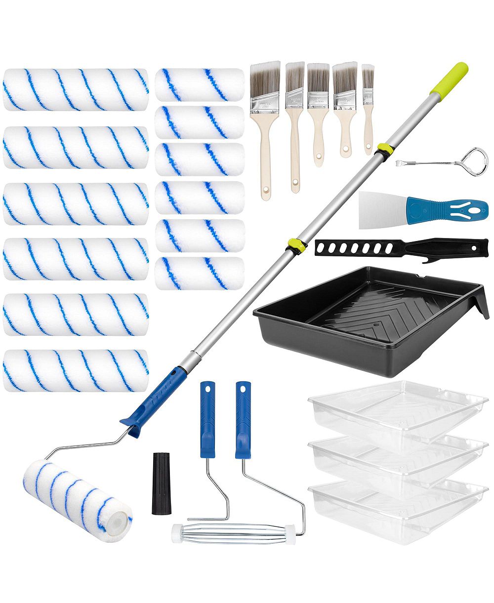 XDOVET Paint Roller Kit Extension Pole Tray Brushes Wall Ceiling Stains