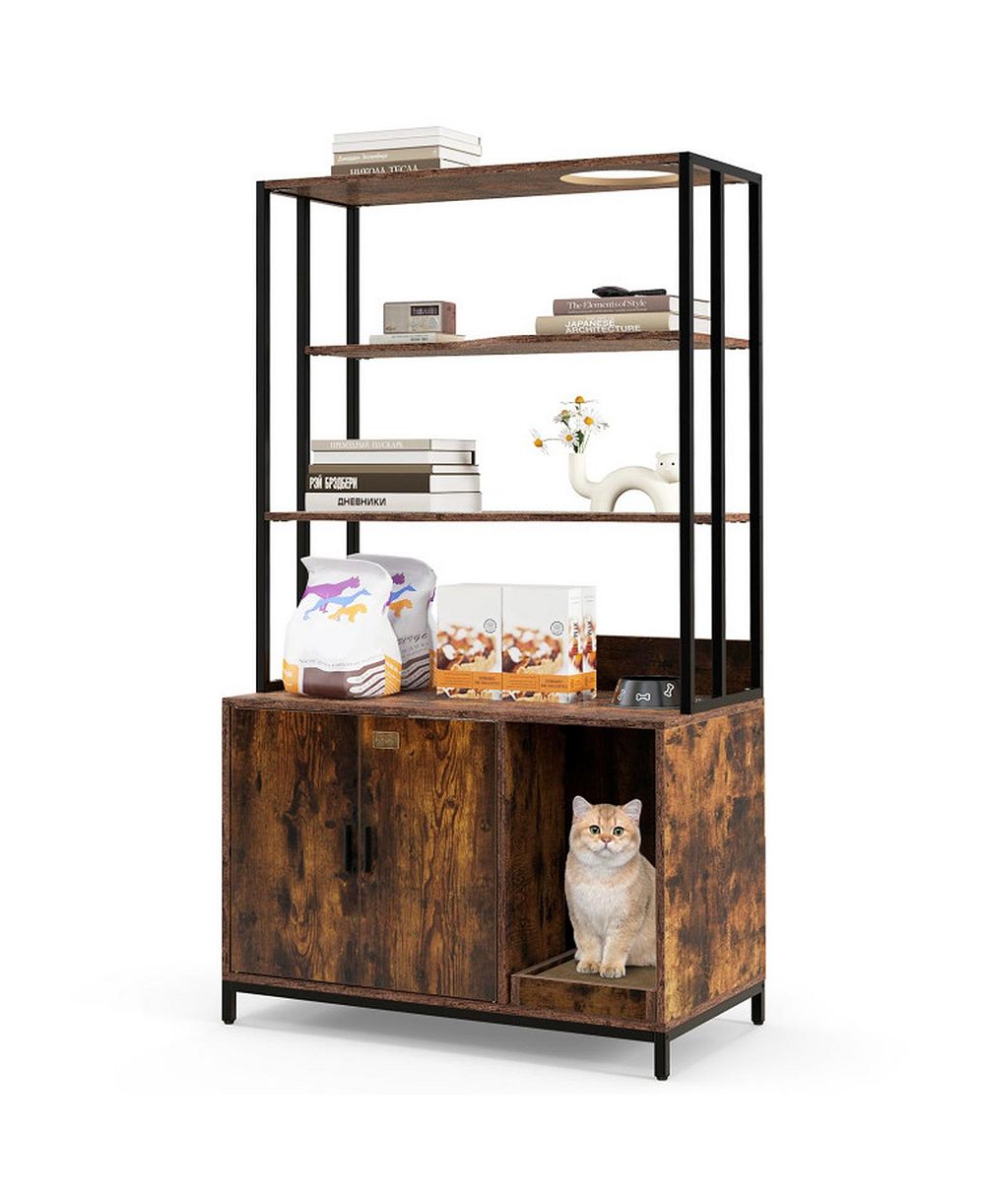 HONGGE Tall Cat Litter Box Enclosure with 3-Tier Storage Shelves Ventilated Cabinet and Scratcher