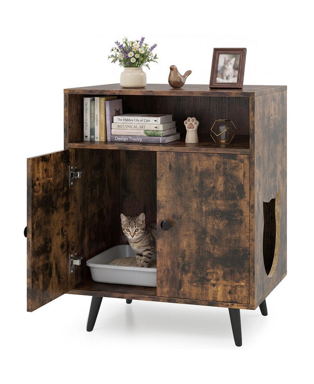 HONGGE Industrial Cat Litter Box Enclosure with Cat-Shaped Entry Tabletop and Open Compartment