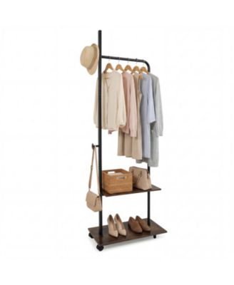 HONGGE Freestanding Industrial Clothing Rack with 2 Wooden Shelves and Rolling Wheels