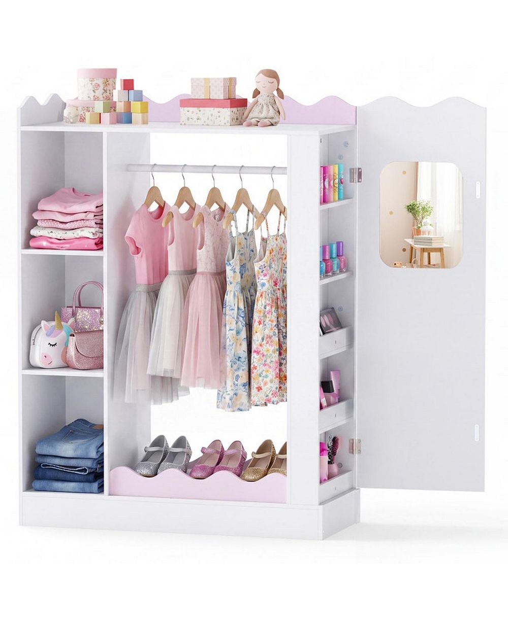 HONGGE Kids Wardrobe Storage Closet with Full-Length Mirror Hanging Rack and Open Shelves