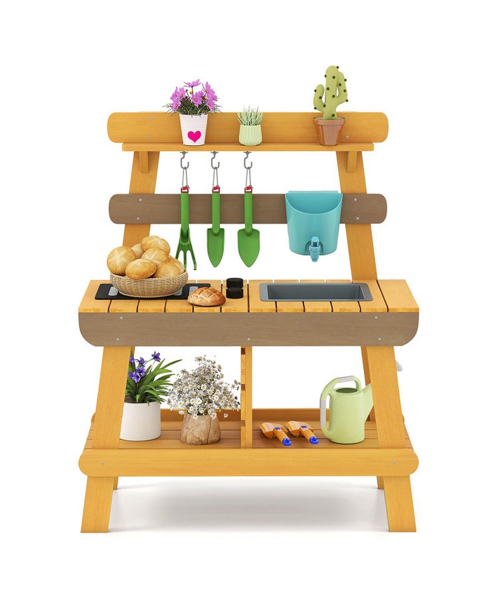 HONGGE Outdoor Wooden Mud Kitchen with Grill Rack and Garden Tools