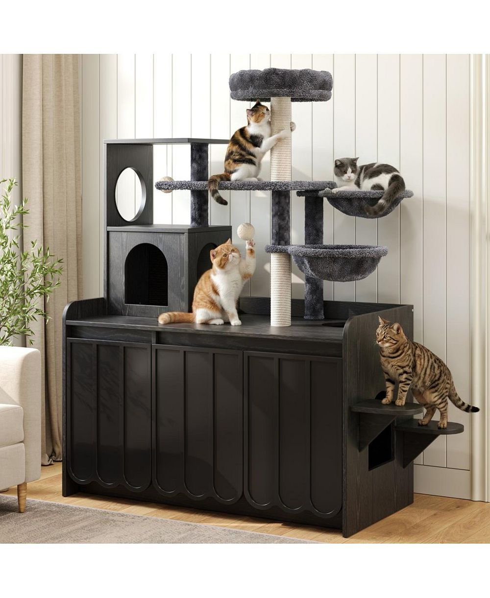 6thdruple 50.6" Cat Tree with Hidden Litter Box, Multi-Level Tower with Storage and Hammocks