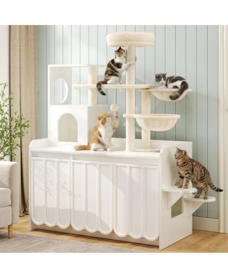 6thdruple 50.6" Cat Tree with Hidden Litter Box, Multi-Level Tower with Storage and Hammocks