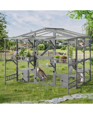 6thdruple Large Wooden Outdoor Catio for Multiple Cats, Weatherproof Pine Cat House