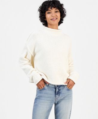 Pink Rose Juniors' Roll Mock Neck Chenille Long-Sleeve Sweater