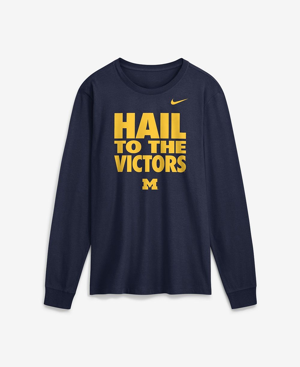 Мужская футболка Jordan Michigan Wolverines 2026 Sideline Slogan Dri-FIT с длинным рукавом в цвете Navy