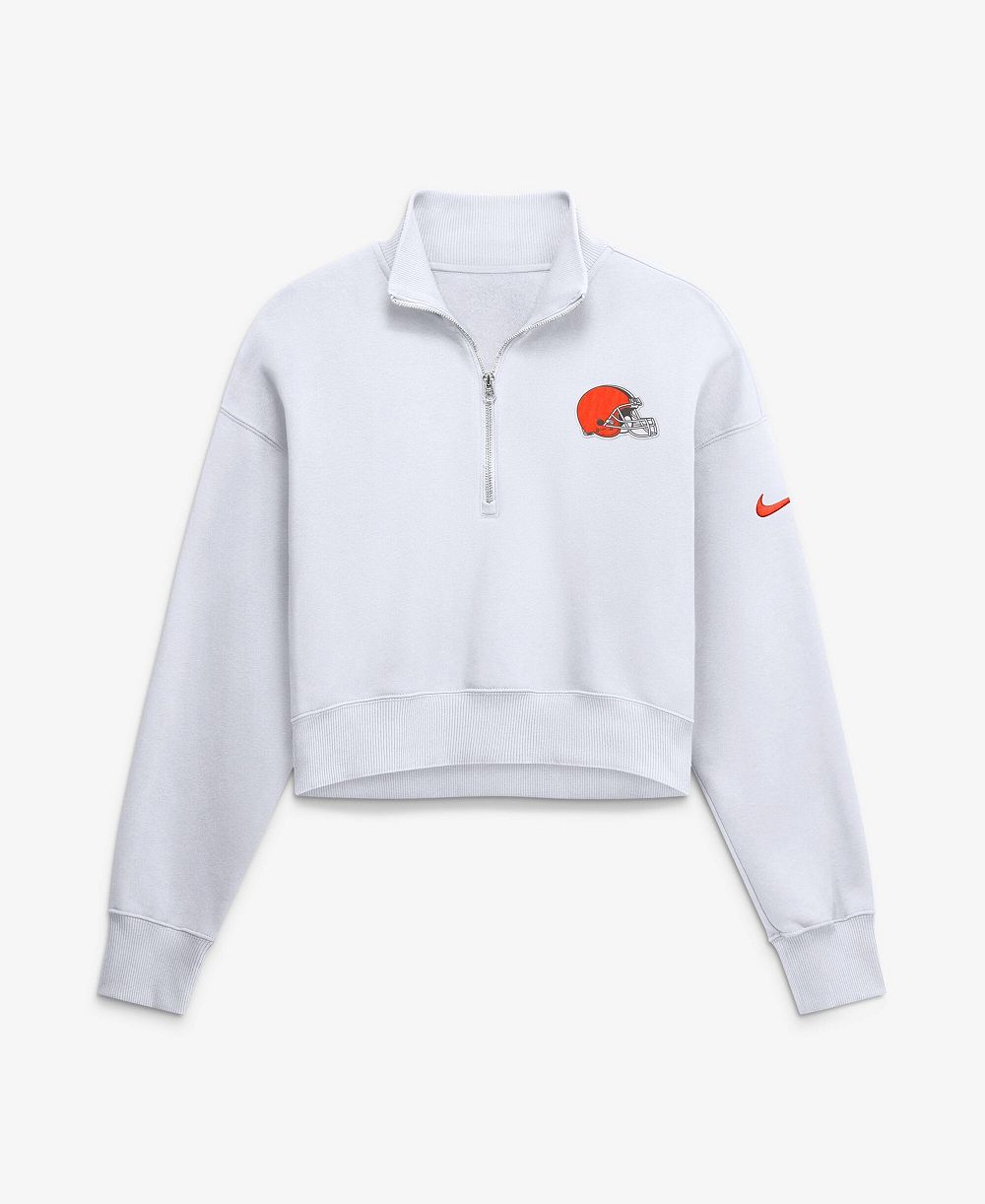 Женская толстовка Nike Women's White Cleveland Browns Oversized Phoenix Fleece Cropped Quarter-Zip Sweatshirt