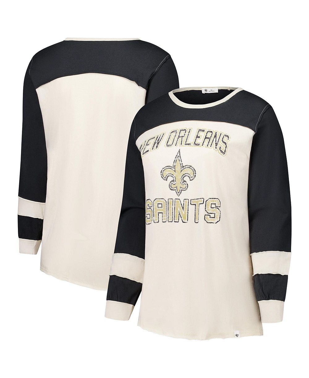 Мужская футболка '47 Brand Plus Size New Orleans Saints Double Header Curve Toni Dropped-Shoulder Distressed Graphics Long Sleeve T-Shirt