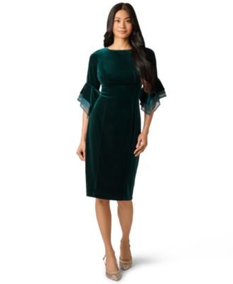 Adrianna Papell Petite Velvet Bell-Sleeve Mesh-Trim Dress