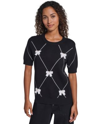 KARL LAGERFELD PARIS Women's Argyle 3D Bow Short-Sleeve Crewneck Sweater