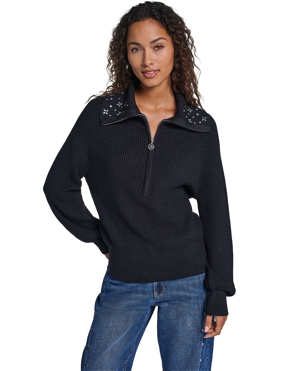 KARL LAGERFELD PARIS Women's Crystal Full-Zip Long-Sleeve Gem-Embellished Sweater