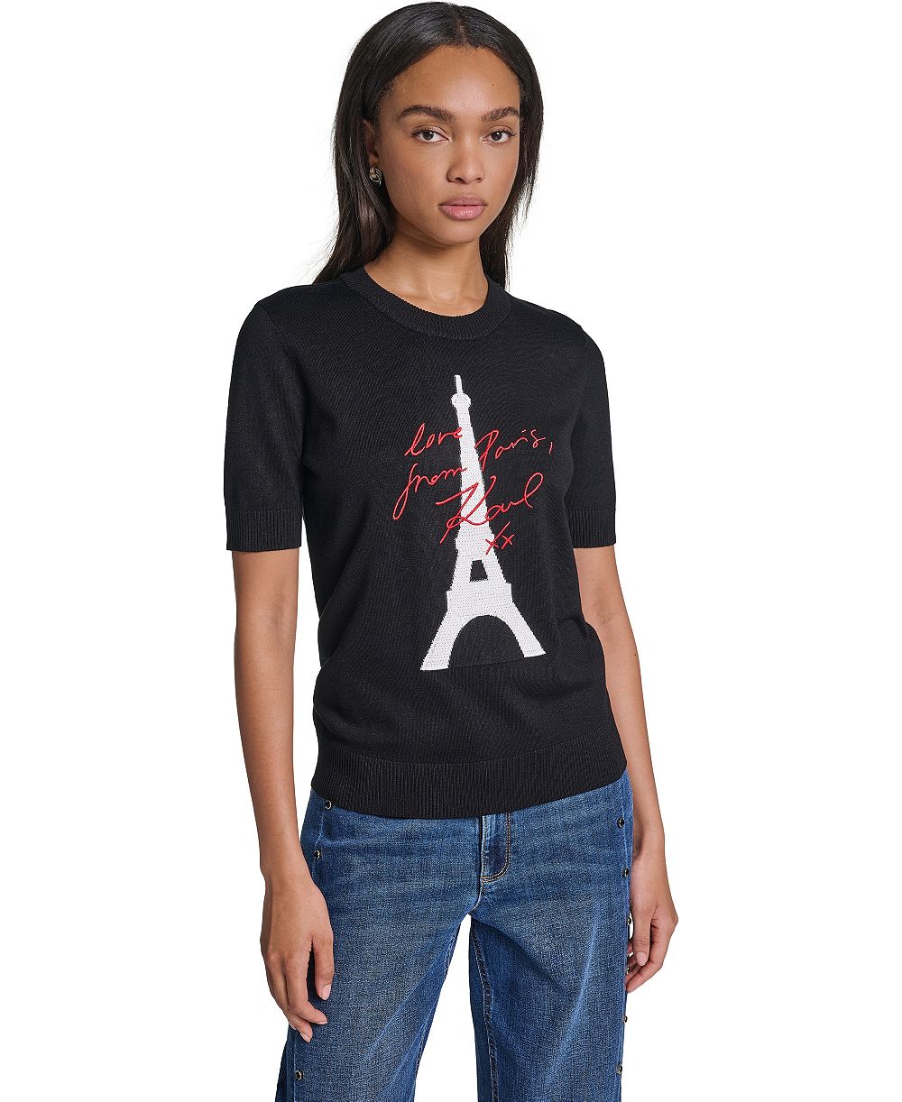 KARL LAGERFELD PARIS Women's Eiffel Tower Crewneck Short-Sleeve Sweater