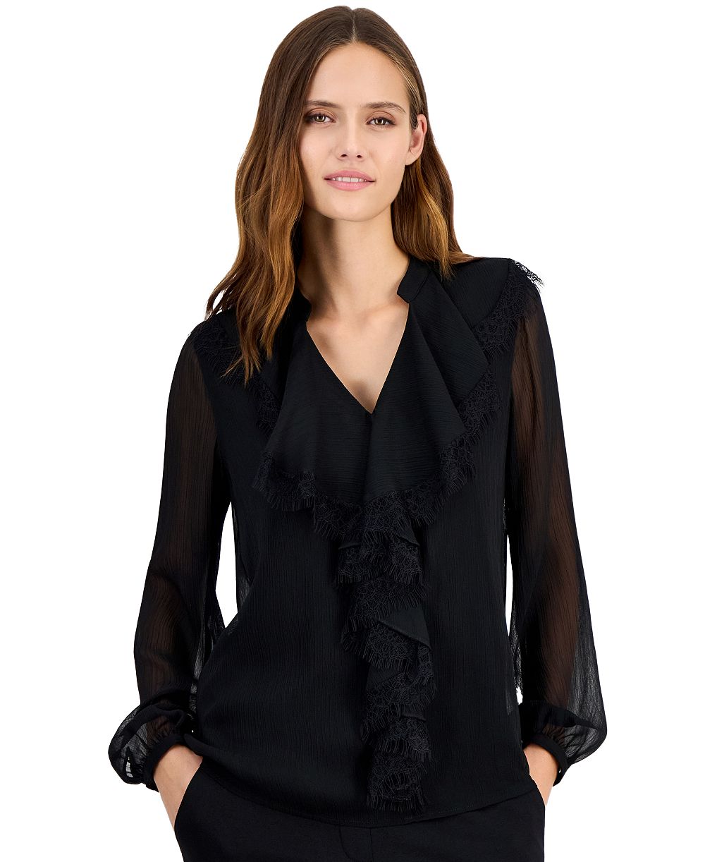 Anne Klein блузка из прозрачного шифона с волнистым воротником и длинным рукавом для миниатюрных