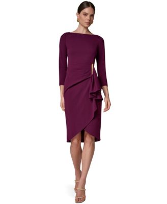 Donna Karan New York Petite Long-Sleeve Boat-Neck Side Cascade Ruffle Dress